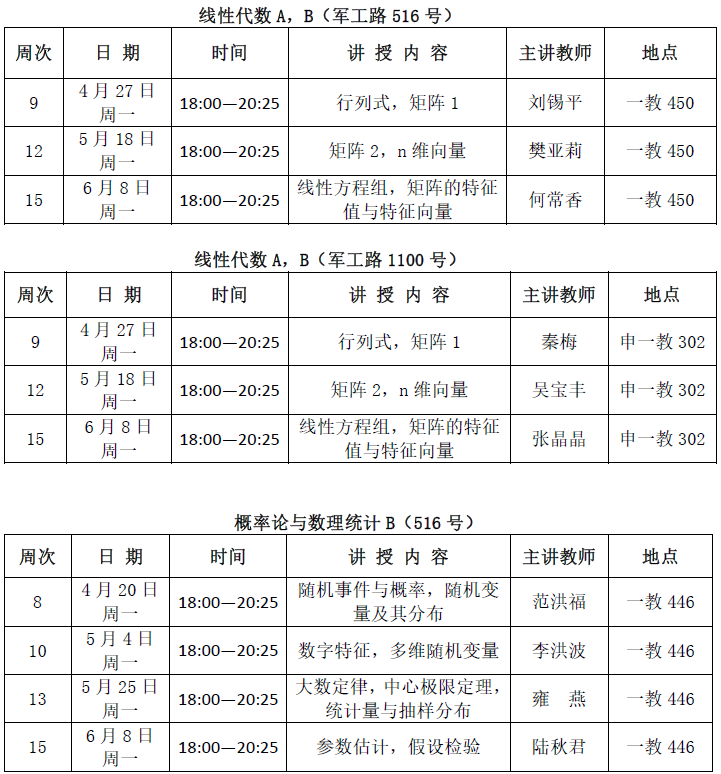 《线性代数》、《概率论与数理统计》课程&ldquo;学习促进坊&rdquo;安排